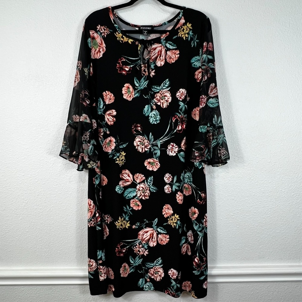 Roz & Ali Shift Dress Black Floral 3/4 Sheer Bell Sleeve Keyhole Tie Women's 1X‎